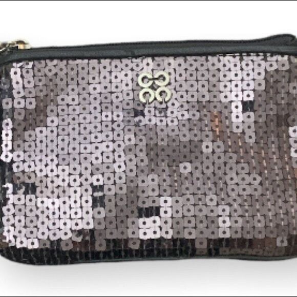 Coach Sequin Wristlet Clutch Pouch Leather Trim Zip Up Wallet Silver W/ Hang Tag - Picture 9 of 10